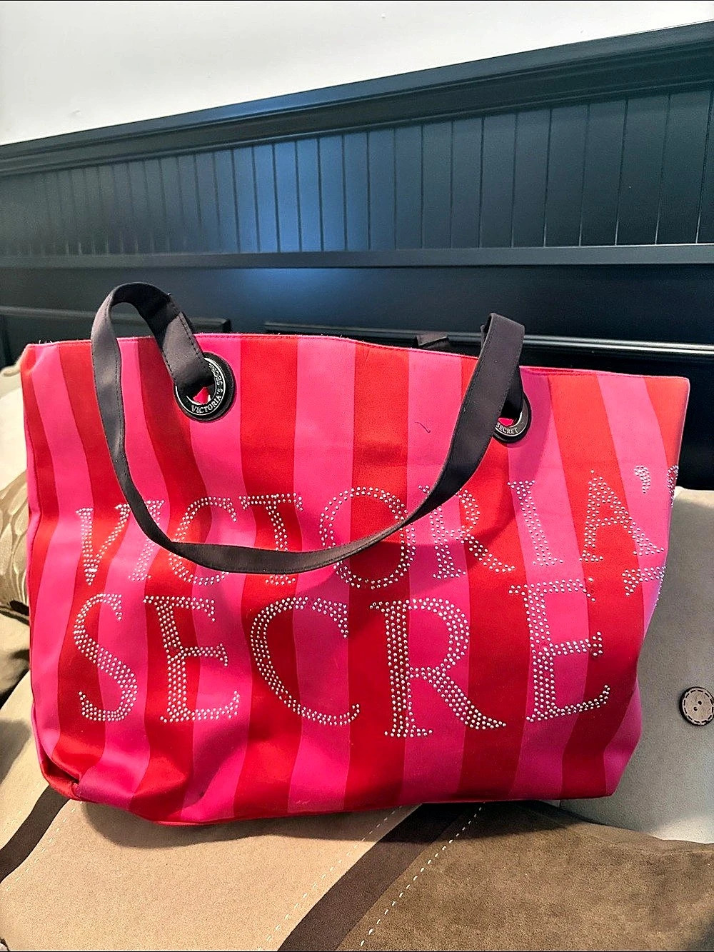 Victoria's Secret Heritage Stripe Rhinestone Logo Tote Bag Pink & Red
